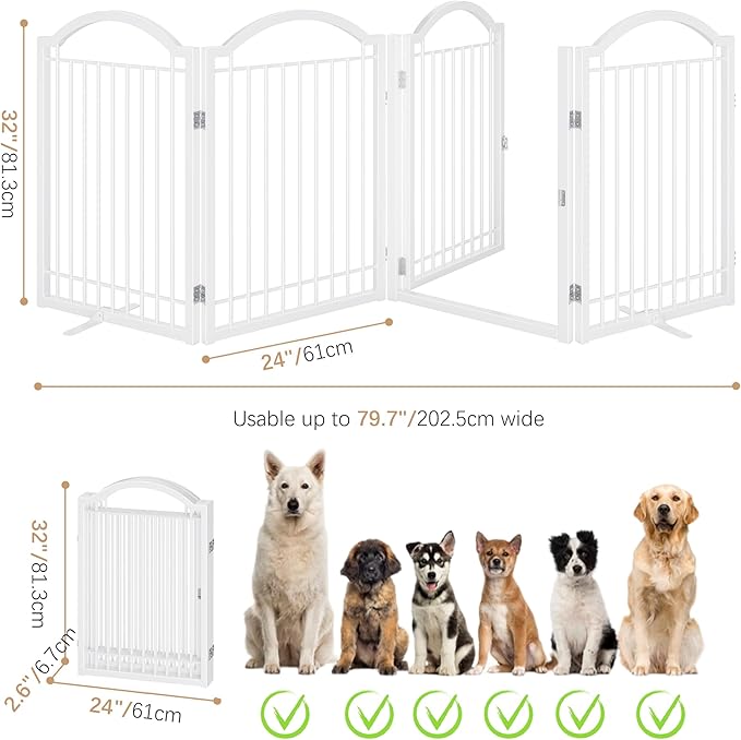 BHG Metal No-Assembly Freestanding Dog Gate with Door Walk Through, Extra Wide 96", Extra Tall 32" Pet Gate, Accordion Puppy Folding Playpen Dog Fence, with 2PCS Support (White, 4 Panels)