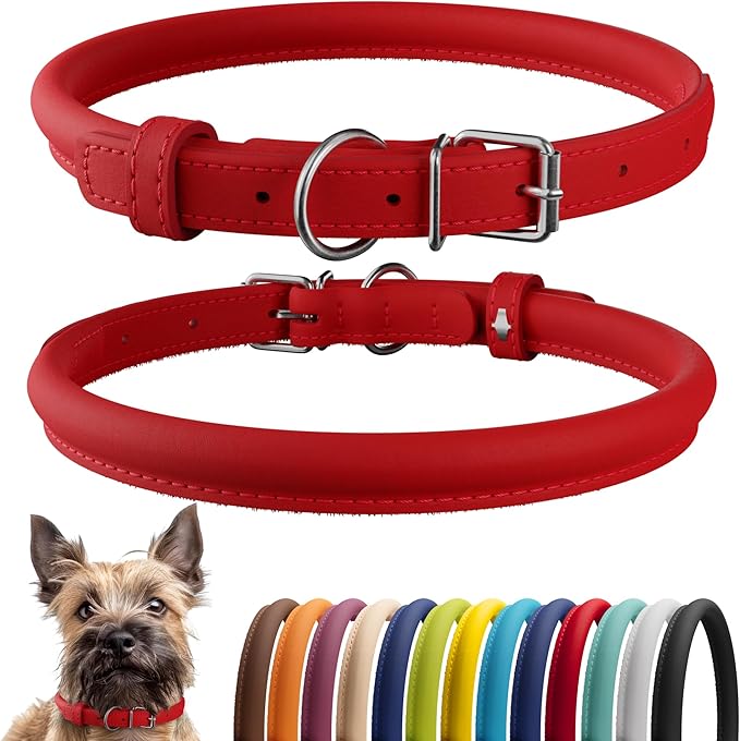 CollarDirect Rolled Leather Dog Collar, Soft Padded Round Puppy Collar, Handmade Genuine Leather Collar Dog Small Large Cat Collars 13 Colors (8-11 Inch, Red Smooth)