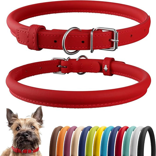 CollarDirect Rolled Leather Dog Collar, Soft Padded Round Puppy Collar, Handmade Genuine Leather Collar Dog Small Large Cat Collars 13 Colors (8-11 Inch, Red Smooth)