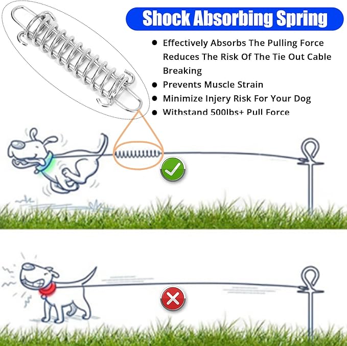 Jenico Dog Tie Out Cable - 10/15/20/30/40/50/70/100/150FT Runner Cable with Swivel Hook and Shock Spring, Outdoor and Camping Dog Leash Run Tether for Small to Medium Pets Up to 500 LBS