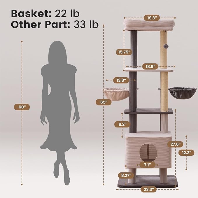 Gardner Pet 65in Heavy Duty Cat Tree Tower for Large Cats, Multi-Level Cat Furniture with Replaceable Sisal Scratching Post, Hammock | Extra-Large Platform & Condo Easy to Clean (Corduroy)