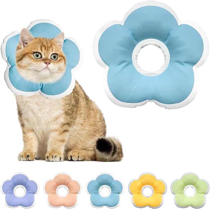 Cat Cone Collar Soft, Waterproof Cats Cones to Stop Licking After Surgery, Adjustable Soft Elizabeth Cats Collars for Wound Healing, Flower Shape Cat Recovery Collar (Blue, Small)