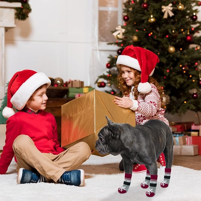 BEAUTYZOO Christmas Winter Anti-Slip Dog Socks with Grips Traction Control for Small Medium Large Dogs, Non Skid Indoor Double Side Pet Paw Protector for Hardwood Floor Wear, Snowflake S