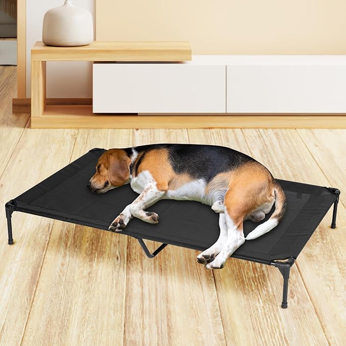 Elevated Dog Bed for Outdoor, XL Raised Dog Cot with Washable Mesh, Cooling Pet Cot Chew Proof for Outside Camping, 49"x33" Black