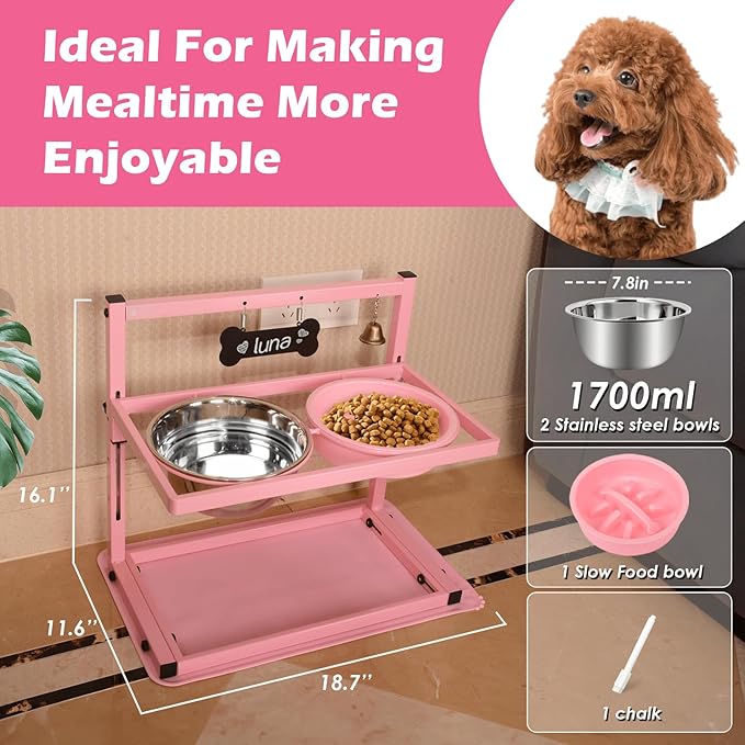 SHAINFUN Pink Elevated Dog Bowl Stand with Two 1700ml Stainless Steel Food Bowls, Slow Feeder and Spill Proof Mat, Adjustable Feeder for Large, Medium and Small Dogs