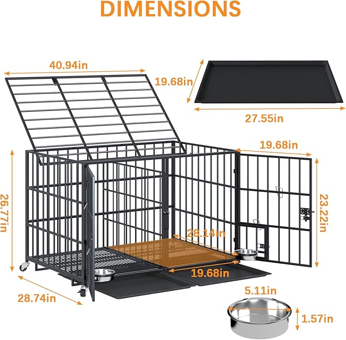 aboxoo 42/48 inch Heavy Duty Metal Dog Crate for 2 Dogs/Large Dog,All Metal Open Top Stackable,Dog Kennel Indoor with Wheels,Floor Grid, Tray, Divider and Feeding Bowl