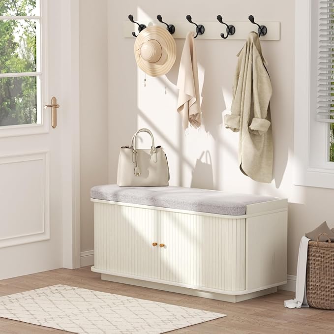 Cream White 39.4" W 2-Tier Shoe Bench with Storage | Entryway Bench with Padded Cushion, Sliding Doors & 5 Hooks