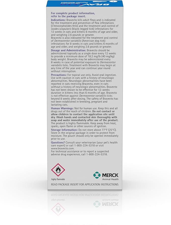 BRAVECTO Topical Solution for Cats, Flea & Tick, 12 Week Supply, >6.2-13.8 lbs., Blue Box