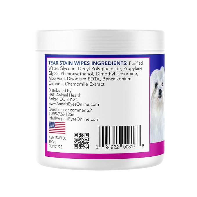 ANGELS' EYES Gentle Tear Stain & Pet Eye Wipes for All Dogs & Cats Textured Grooming Wipes Remove Discharge & Mucus, Reduce Tear Stains, Hypoallergenic with Aloe & Chamomile, 100ct