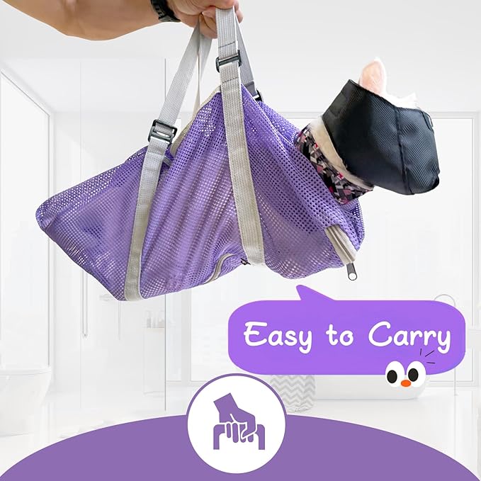 Cinf Cat Bathing Bag(Free Muzzle) Breathable Mesh Anti Scratch Adjustable Cat Grooming Bag for Nail Trimming, Bathing Soft Cat Washing Bag(Taro) L