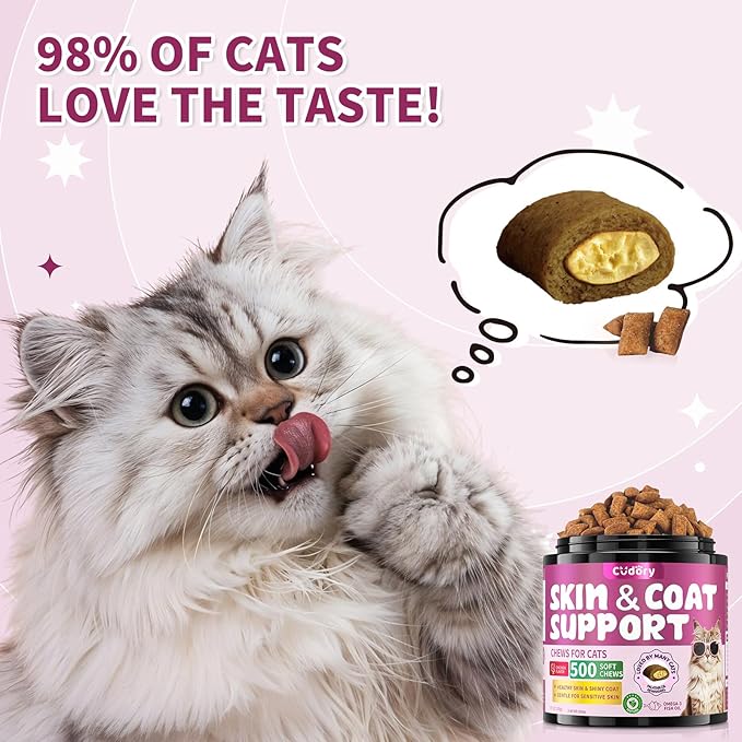 Natural Skin and Coat Support for Cats - Crunchy & Creamy Chews with Omega 3, Biotin & Vitamin E for Healthy Skin, Shiny Fur, Cat Supplements & Vitamins -Chicken（500 Chews
