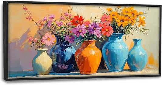 Large Colorful Floral Wall Art for Living Room, Framed Oversized Asian Flower Vase Decor Canvas Painting Sunlight Pictures Modern Artwork for Bathroom Bedroom Office Dining Room 60"x30"