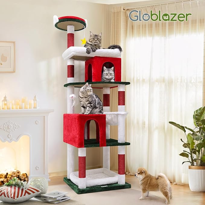 Globlazer Heavy Duty Cat Trees for Large Cats, Sturdy 72in Maine Coon Cat Tree for Large 20 lbs+ Heavy Duty Cat Tower for Adult Biggest Cats with 6 Scratching Posts, Hammock, S72, Red White Green