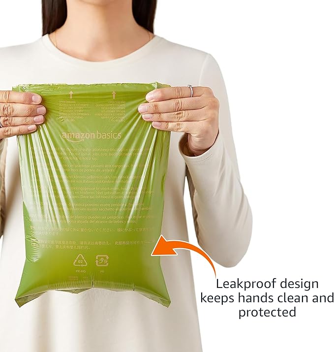 Amazon Basics Dog Poop Bags with Dispenser, 540 Count, Enhanced for Guaranteed Leakproof, Talcum Powder Scented, Includes Leash Clip