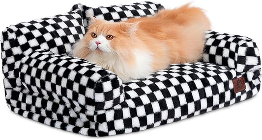 Hollypet Fluffy Plush Dog Cat Pet Couch Soft Calming Sofa Bed for Medium Small Cats and Dogs, Black and White