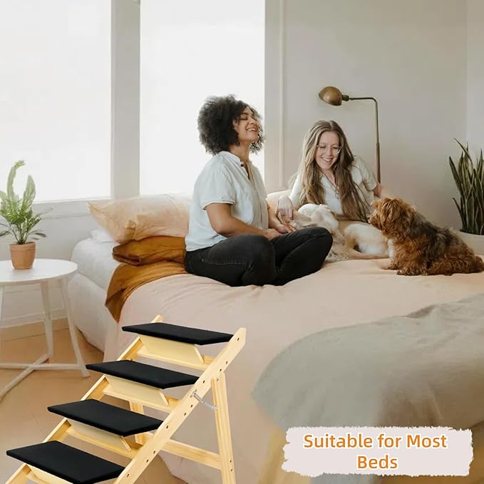 Foldable Dog Stairs/Ramp with 4 Steps - Durable Wooden Pet Stairs for Small, Medium, Large Dogs - Black (5098)