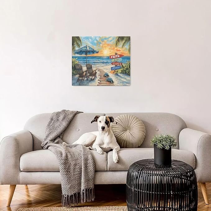 Beach Ocean Bathroom Pictures Wall Art, Seaside Coastal Bathroom Wall Decor, Sunrise Framed Painting Canvas Artwork for Bedroom Living Room Decorations 24"L x 20"W