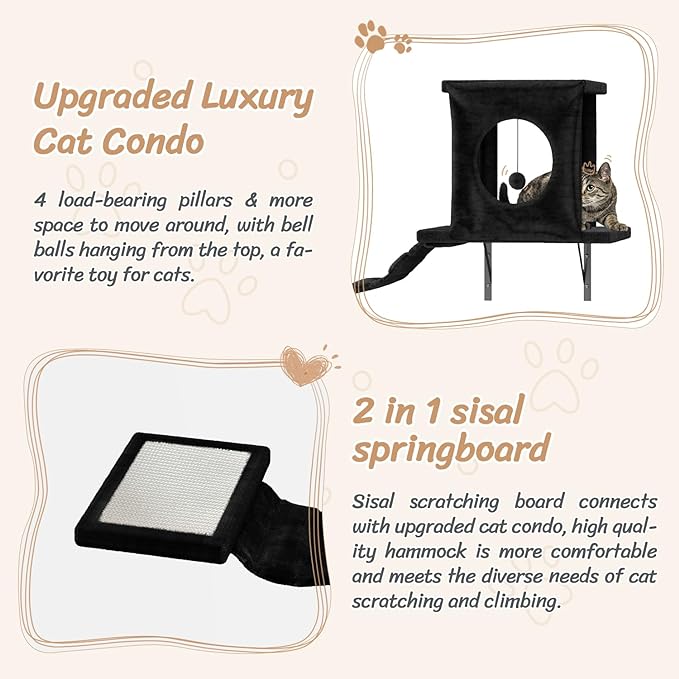 NUNU LAB Cat Wall Shelves Set, 7 Pcs Wall-Mounted Cat Climber with Cat House, Tunnel, Bridge, Scratching Post, Hammock, Wall Shelves, Black