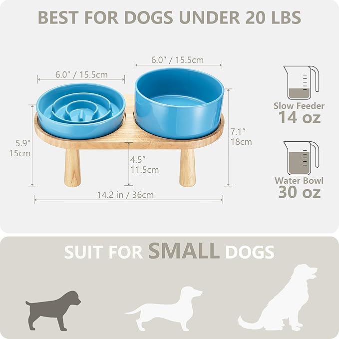 Ceramic Slow Feeder and Water Bowl Set for Small Dogs, Ceramic Dog Bowls Elevated with Wooden Stand, 0.6 Cups Dog Slow Feeder(14oz) and 30oz Water Bowl Set, Blue