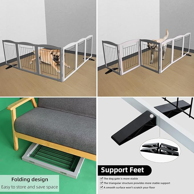 ZJSF Freestanding Dog Fence Indoor, Foldable Dog Gate for Doorways, Stairs or Hallways, Sturdy Wood Extra Wide Pet Gate with Support Feet for The House, Grey, 24 "Height-6 Panels