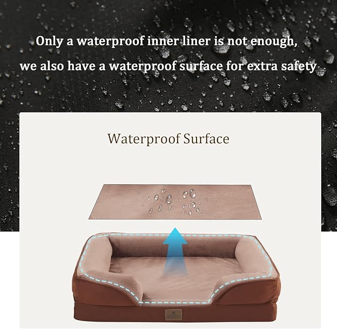 Bedfolks Orthopedic Dog Bed, Big Waterproof Dog Sofa Bed for Large Dogs, Egg Foam Pet Couch Bed with Removable Washable Cover and Nonslip Bottom, Brown