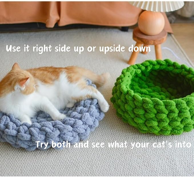 Cat Nest Bed – Premium Handwoven Washable Extra Soft Round Cave House for Indoor Kitten & Kitty, Small & Large (DGreen,Large)