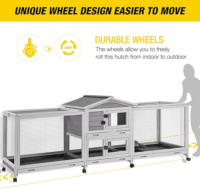 Aivituvin Rabbit Hutch Large 2-Story Bunny Cage Indoor Outdoor on Wheels Bunny House with Run,Pull-Out Tray