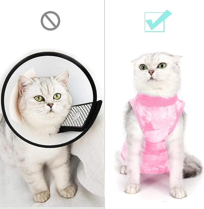 Cat Recovery Suit for Male and Female Surgical Post Surgery Soft Cone Onesie Tie Dye Cats Shirt Clothes Neuter Licking Protective Diapers Outfit Cover Kitten Spay Collar Alternative(Pink, M)