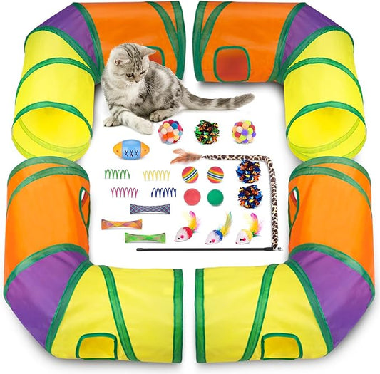 Retro Shaw Cat Tunnels with Cat Toys Pack, Interactive Kitten Toys for Indoor Cats Kitty, Kitten Tube Tent Feather Wand Teaser Bell Fuzzy Ball Springs Mouse (25 Pcs Extra Large Cat Tunnel Toys Set)