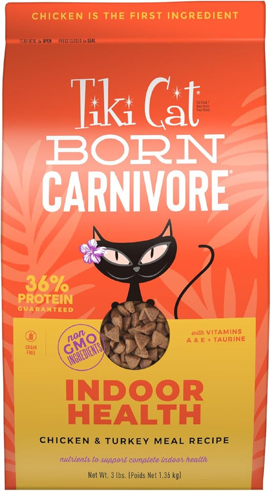 Tiki Cat Born Carnivore High Protein, Indoor Health, Chicken and Turkey Meal Recipe, Grain-Free Baked Kibble to Maximize Nutrients, Dry Cat Food, 3 lb. Bag