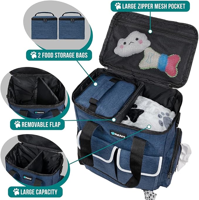 PetAmi Dog Travel Bag Pet Supplies Accessories Organizer for Traveling, Camping, Weekend; Cat Pet Travel Bag Kit Includes 2 Food Storage Containers, 2 Collapsible Bowls, 1 Feeding Mat (Navy Blue)
