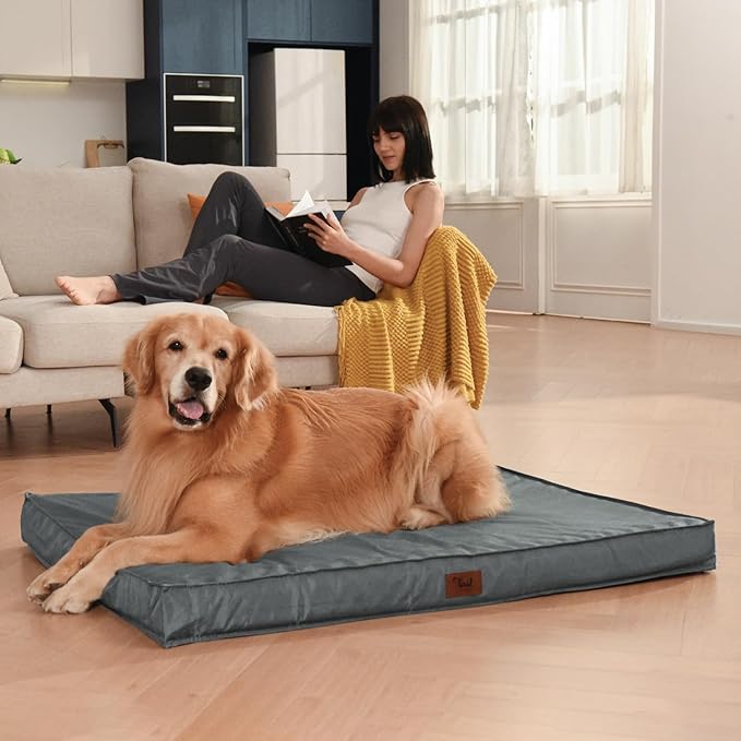 Outdoor Extra Large Dog Bed, Waterproof Dog Bed for Large Dogs, Egg Crate Foam XL Pet Bed with Removable Washable Oxford Cooling Cover, Grey
