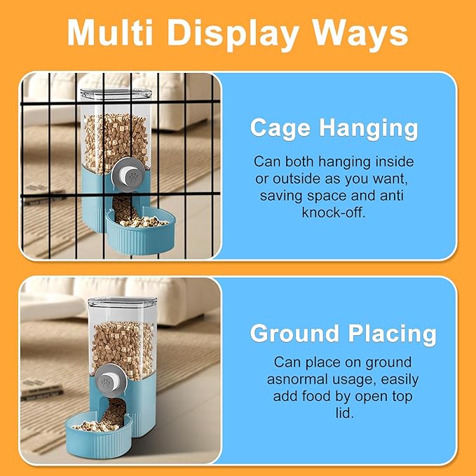 Auto Gravity Food Dispenser for Cage Hanging, 41OZ Capacity Hanging Automatic Pet Cage Feeder, Food Bowl for Cats Dogs Rabbit Ferret Chinchilla Bird Hedgehog Guinea Pig (Blue)