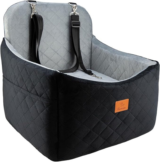 Dog Car Seats for Small/Medium Dogs, FurFrolic Memory Foam Dog Booster Seat for Small Dogs up to 35 lbs, Travel Pet Car Seat with Washable Detachable Cover, Storage Pockets, 2 Safety Belts, Black Gray