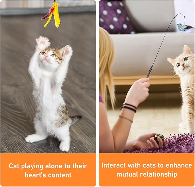 Cat Feather Toys, 10PCS Toys with Super Suction Cup, 2PCS Detachable Wand & 6PCS Replacement Teaser Refills, Interactive Indoor Cat Play