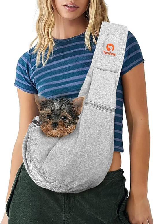 Tomkas Small Dog Sling Carrier - Zipper Pocket & Adjustable Strap - for 3-10 lbs Pets(Grey) Puppy