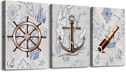 ocean theme steering wheel telescope ship pendant Canvas Prints bathroom Wall Art for Bedroom Wall decor Artworks Pictures wall decorations for living room,3 piece Home decor kitchen wall paintings