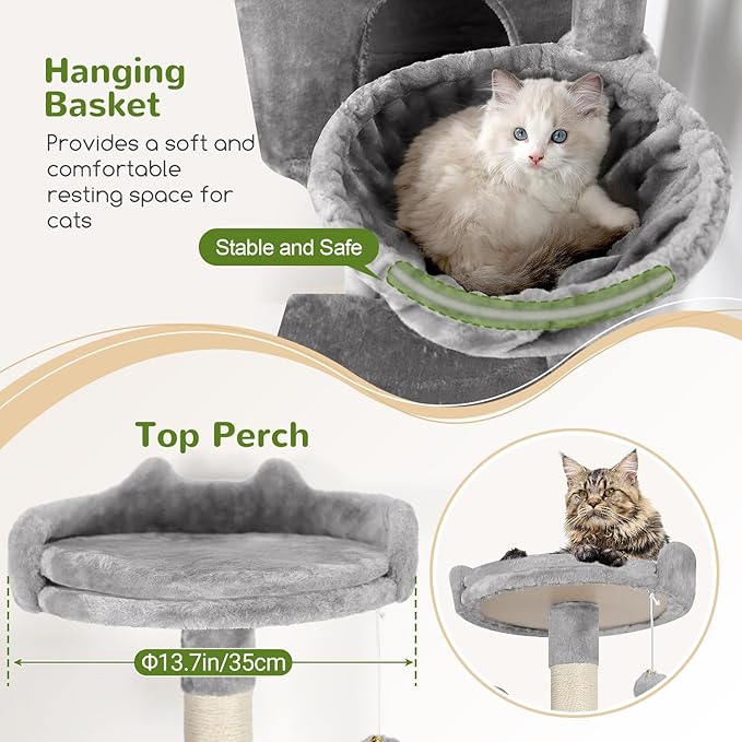 Globlazer Cat Tree, 70 inch Tall Scratching Tower Multi-Level Cat Condo for Indoor Multiple Cats with 2 Large Cat Caves, Top Perch, Large Platform, Bottom Swing, F70B, Light Grey