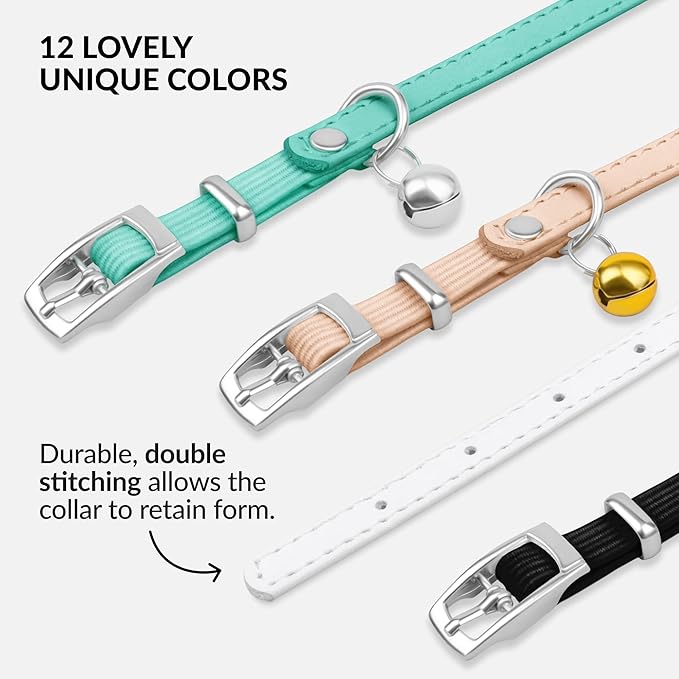 CollarDirect Leather Cat Collar with Bell - Kitten Collar, Small and Big Cat Strap for Boy Cats, Girl Cats with Safety Elastic Strap (Neck Fit 8"-11", White)