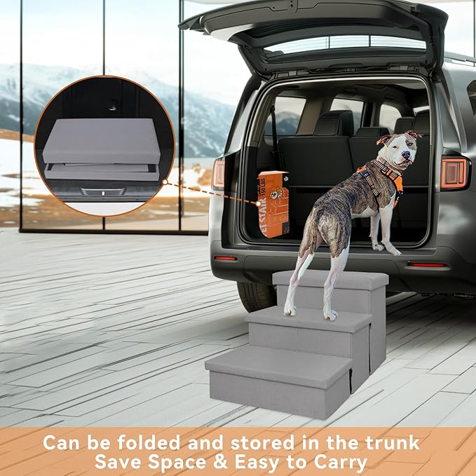 Wider Dog Stairs with Storage 18" H, 3-Step Sturdy Dog Steps for Large/Medium/Small Older Dogs Cats, Folding Pet Stairs Climbing Bed or Couch, Ramp for Car Up to 200 lbs (Gray, No Condo)
