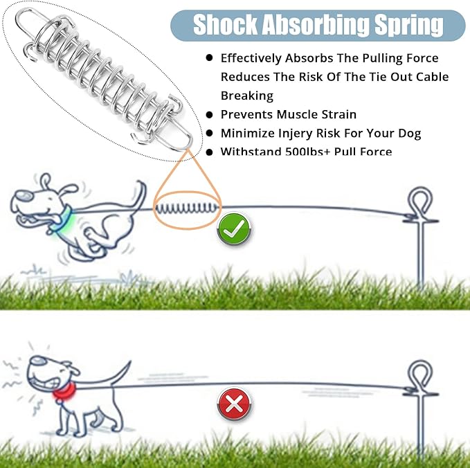 Jenico Dog Tie Out Cable - 10/15/20/30/40/50/70/100/150FT Runner Cable with Swivel Hook and Shock Spring, Outdoor and Camping Dog Leash Run Tether for Small to Medium Pets Up to 500 LBS