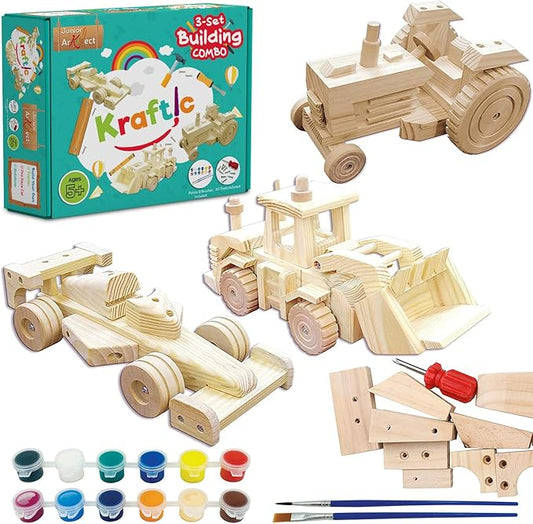 Kraftic Woodworking Building Kit for Kids, with 3 Educational DIY Carpentry Construction Wood Model Kit Toy Projects for Boys and Girls- Tractor, Bulldozer and Racing Car