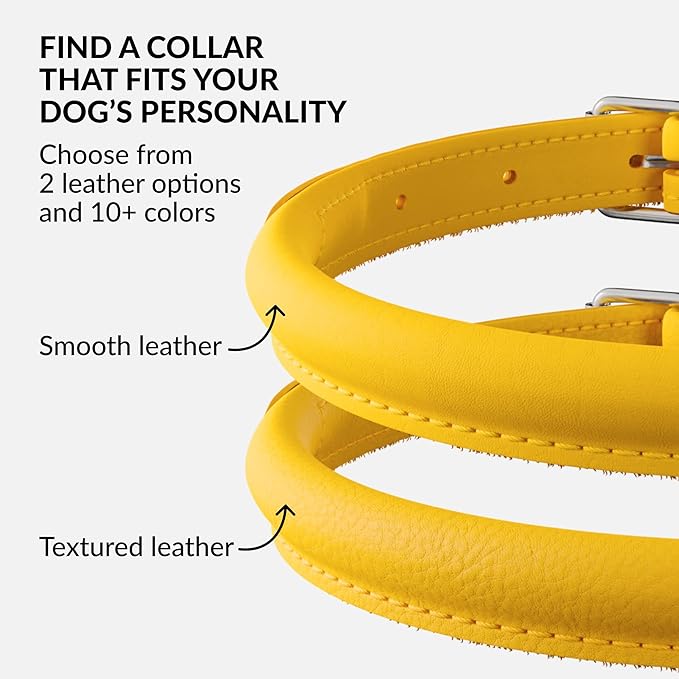 CollarDirect Rolled Leather Dog Collar, Soft Padded Round Puppy Collar, Handmade Genuine Leather Collar Dog Small Large Cat Collars 13 Colors (6-7 Inch, Yellow Smooth)