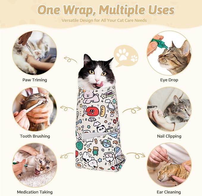 3-in-1 Cat Grooming Restraint Bag for Nail Trimming, Ear Cleaning & Medicine - Escape-Proof Design with Anti-Scratch Lining, Calming Pressure - Fits Cats & Kittens Up to 15lbs
