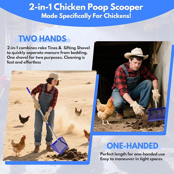 Chicken Poop Scooper & Rake 2-in-1, 304 Stainless Steel Shovel Head, Chicken Litter Scoop with Handle for Chicken Coop & Pet Waste Cleaning, Litter Sifting Shovel (35 to 65") US Patent Pending