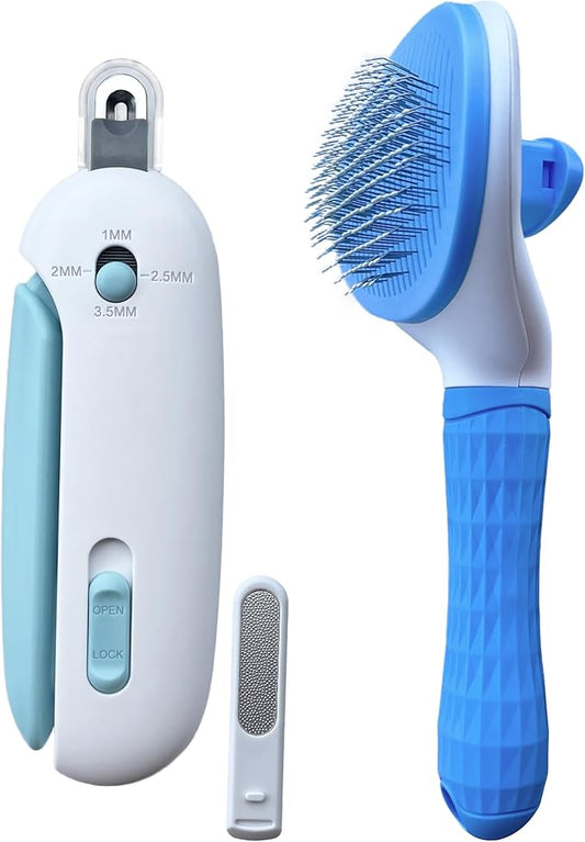 Pet Gromming Kit Nail Clipper&Hair Brush for Dog&Cat Brush Self Cleaning Slicker Brush with Release Button, Dog Shedding Brush for Cat Grooming Comb Rabbit Nail Clipper with Nail File Dog Claw Trimmer