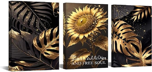 Yxbhhym Bathroom Wall Art Décor Black and Gold Leaf Poster Art Prints Sunflower Canvas Wall Art Paintings Flower Wall Pictures for living room Hallway Décor office Bedroom Decorations