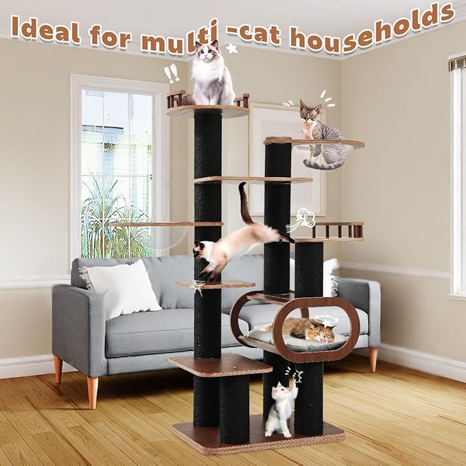 70.9'' Black Cat Tree for Indoor Cats Large Adult, Heavy Duty Cat Tower with Scratching Post, Modern Kitty Tree with Removable Mats, Semi-closed Condo and Transparent Bowl, Wooden Luxury Cat Furniture
