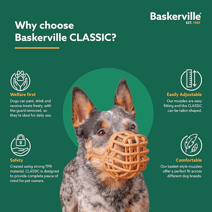 Baskerville Classic Basket Muzzle - Dog can Pant and Drink, Prevents Biting and Food Waste Scavenging, Strong TPR, Breathable Dog Training Muzzle for Long Nosed Medium to Large Dogs (Size 7)