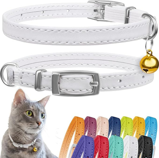 CollarDirect Leather Cat Collar, Cat Safety Collar with Elastic Strap, Kitten Collar with Bell Black Blue Red Orange Lime Green (8-11 Inch, White)